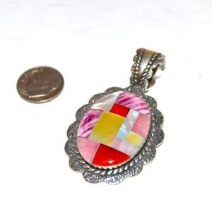 Vintage Carolyn Pollack Relios 925 Sterling Silver Inlaid Shell Ornate Pendant